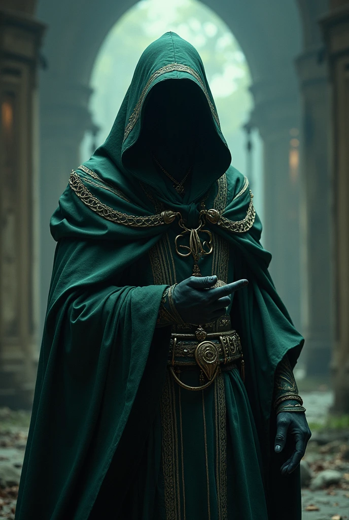 A wizard in simple robes showing only part of the torso up without showing his face.