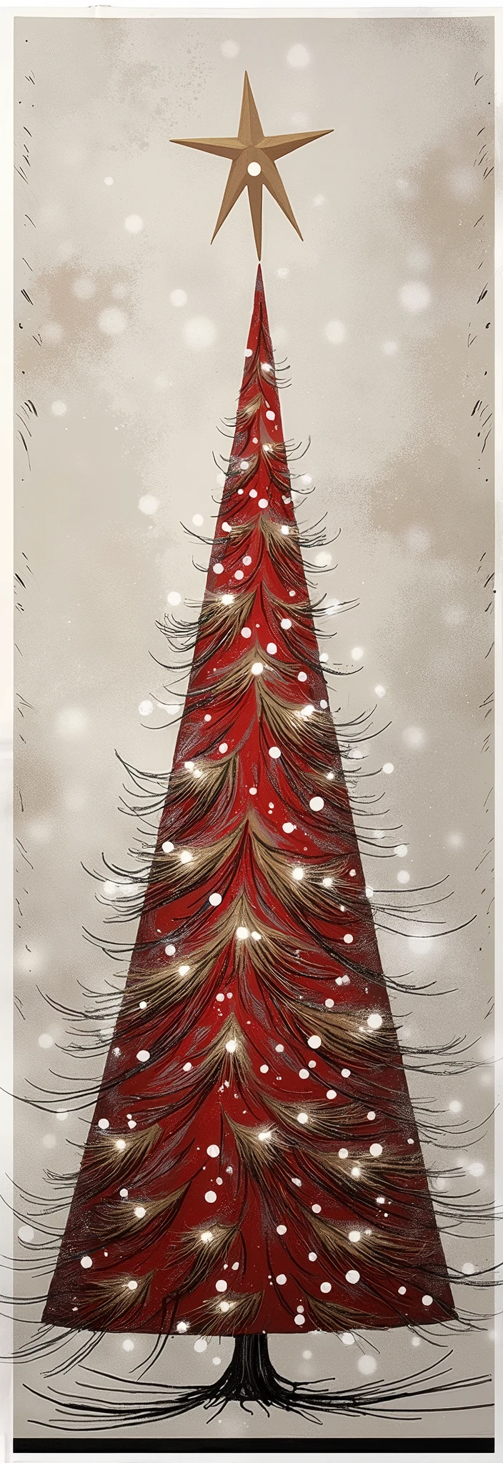Festive Christmas Tree. This image features an artistic representation of a Christmas tree. The tree is stylized with a tapering form, broad at the base and narrowing to a point at the top, where a large star is placed. The color scheme consists of red and brown hues with white speckles scattered throughout, giving the impression of snow or lights on the tree. The background is a light color with subtle splashes and flecks that suggest a festive atmosphere. This image captures the essence of holiday decorations and festivities through its use of traditional Christmas colors and motifs.