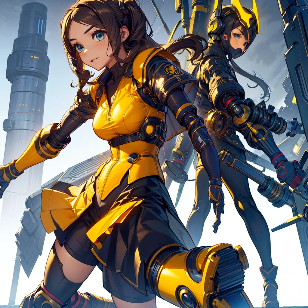 (Tabletop, Highest quality), (Perfect athletic body:1.2), (Fine hair), Very detailed, Anime Style, whole body, Cyberpunk Karate Girl, Wear a bodysuit, The arms are fitted with huge mechanical arm guards, Mechanical Limbs, Black-yellow hair, Wear tech boots, White Background, Standing in the Wilderness, whole body, Fighting Pose,