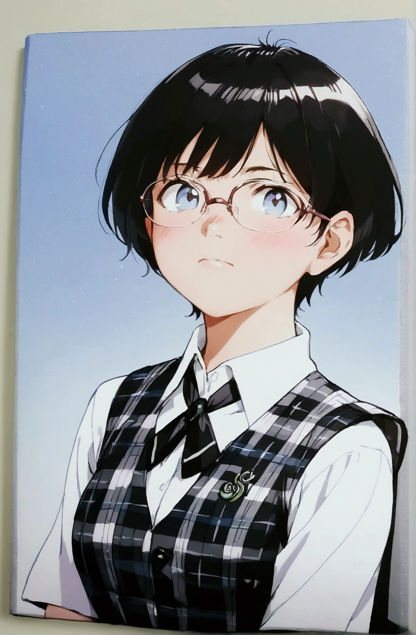 1girl, short hair, black hair, blue eyes, short hair, very short hair, bow, school uniform, plaid vest, plaid skirt, glasses, standing, full body, pantyhose, best quality, amazing quality, very aesthetic, masterpiece