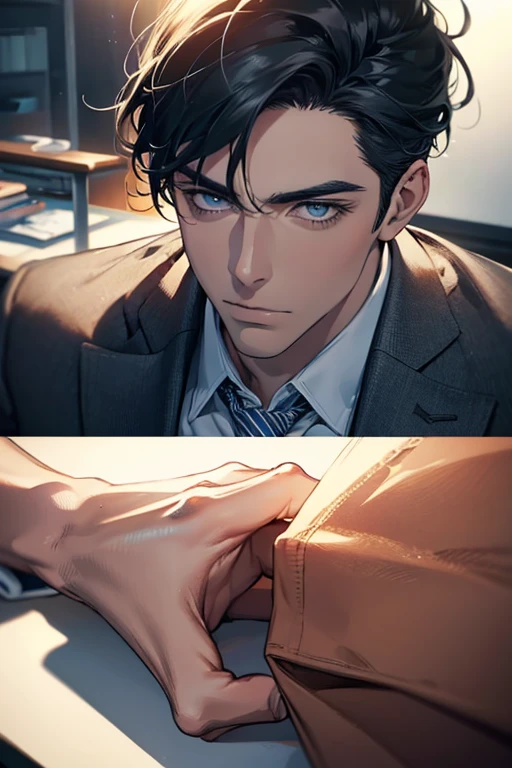 (Best Quality,4k,8k,high resolution,Masterpiece:1.2),ultra detailed,(realist,photorealist,photo-realist:1.37),1 man,31 years,mature man,very handsome,without expresion,muscled body,short gray black hair,Blue eyes,glare,perfect face without mistakes,imposing posture,businessman,office background,cinematic lighting,imagen HDR