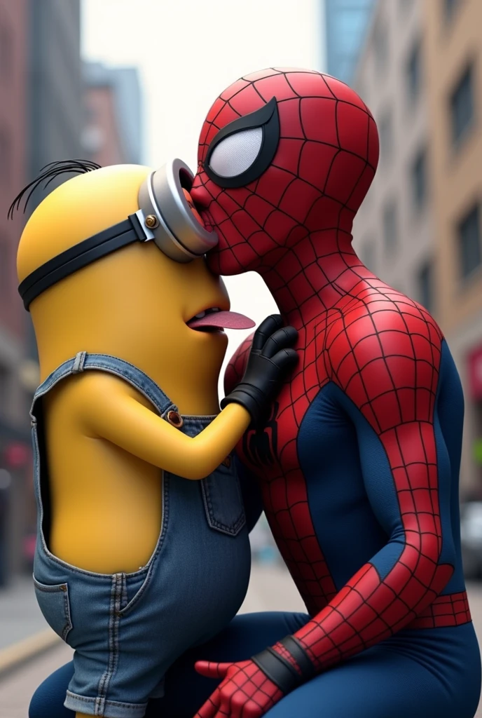A Minion kissing Spiderman with tongue