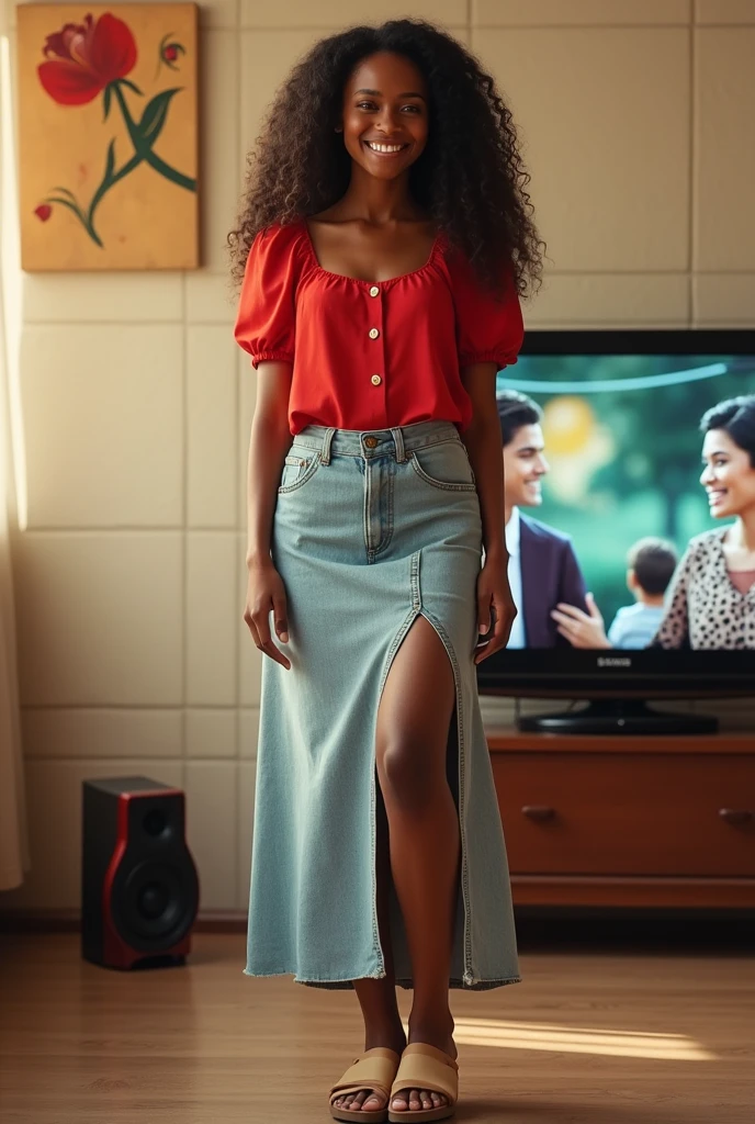 a smiling young woman with dark skin and long curly hair. She is wearing a red blouse with short, puffy sleeves., combined with a long denim skirt, light wash, which has buttons on the front and an asymmetrical cut. She is wearing beige sandals and is standing indoors.. Ao fundo, there is a wall covered with light tiles and a TV that is on, showing a scene from a program or movie. There is also a sound amplifier near the wall.. The space's decoration includes a painting with a flower in the left corner of the image..
