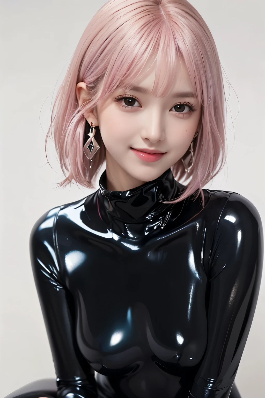 (8K, top-quality, masterpiece:1.2), ( Super Detail), (One girl), (Highly detailed), (beautifully detailed eyes), (of the highest quality), (super detailed ), (masterpiece), (Detailed face), ((pink hair,)), blunt bangs, bob cut, medium breasts, clothed, Perfect Lighting, BREAK, (black  blue glossy rubber suit:1.3),  (geometrical pattern:1.2), high neck, (long cut:1.3), (glossy fabric:1.5), matte finish, (boots:1.1), sleek and slim, (silvery earrings:1.1) with a touch of sparkle, glossy makeup, sleek hair, fitted and sexy silhouette, stylish and modern look, BRAKE, (upper body and thighs:1.1), (smile:1.1), (face turned slightly:1.1), (white background:1.1)