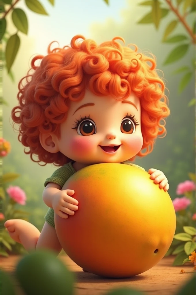 A cute  with curly red hair hugging a mango