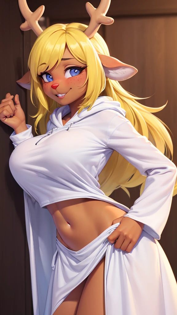 (noelle, furry female anthro, blonde hair, deer girl, red deer nose, white eyes, white pupils, white robe, hooded robe, big breasts, midriff), hands on hips, green neon city, smiling, three-quarter view, blushing