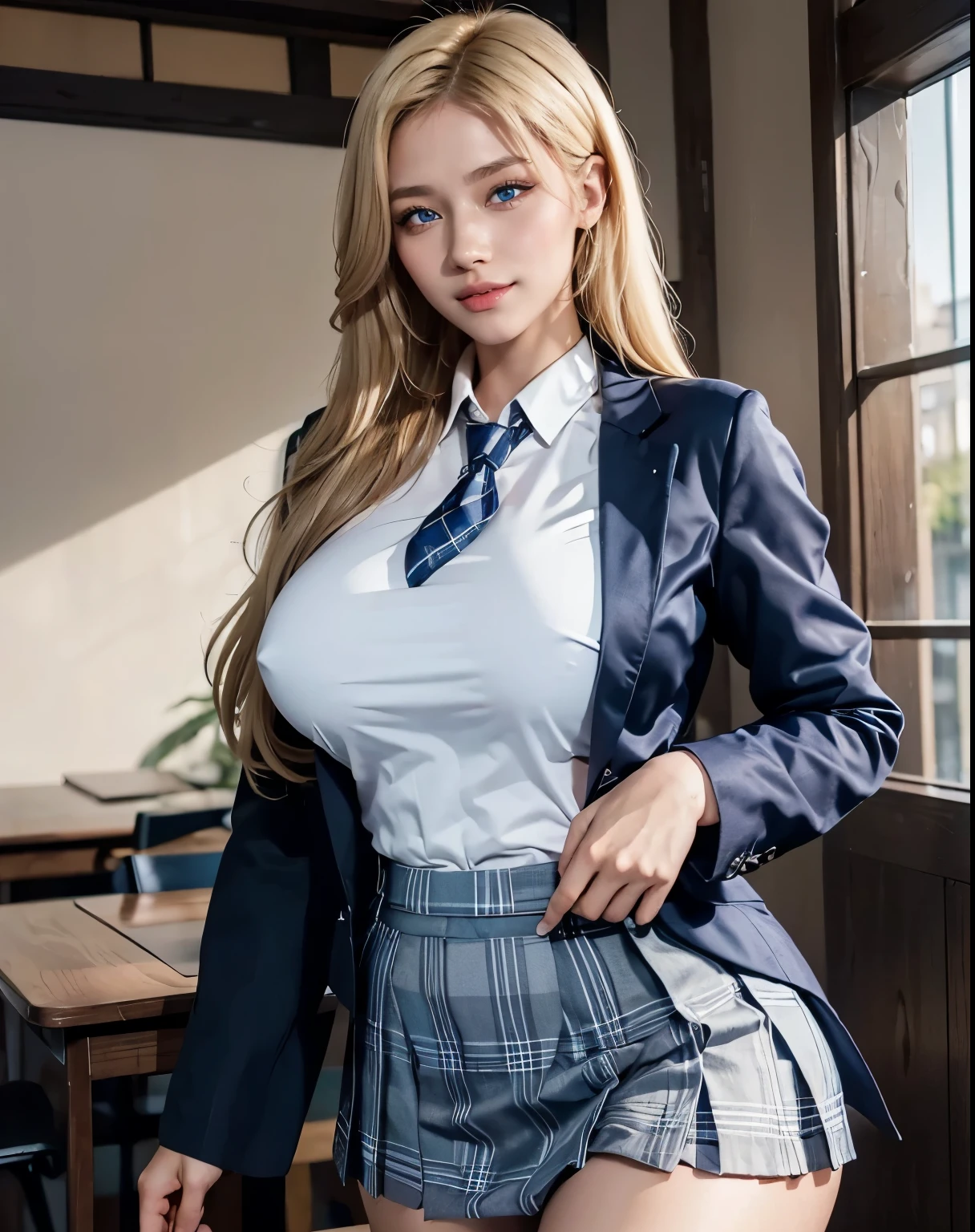 1girl, (Blue Eyes), (smiling), (), (big ass), thwaist, thick thighs, toned legs, (Best Quality, 8k, Masterpiece), Clear Focus, Perfect Body Beauty, Highly detailed face and skin texture, detailed eyes, double eyelids, ((blonde long hair :1.2)), ((Blazer :1.2)), (Japanese school uniform :1.3), (plaid skirt :1.3), (tie), standing, dynamic pose, in a classroom, blackboard in the background