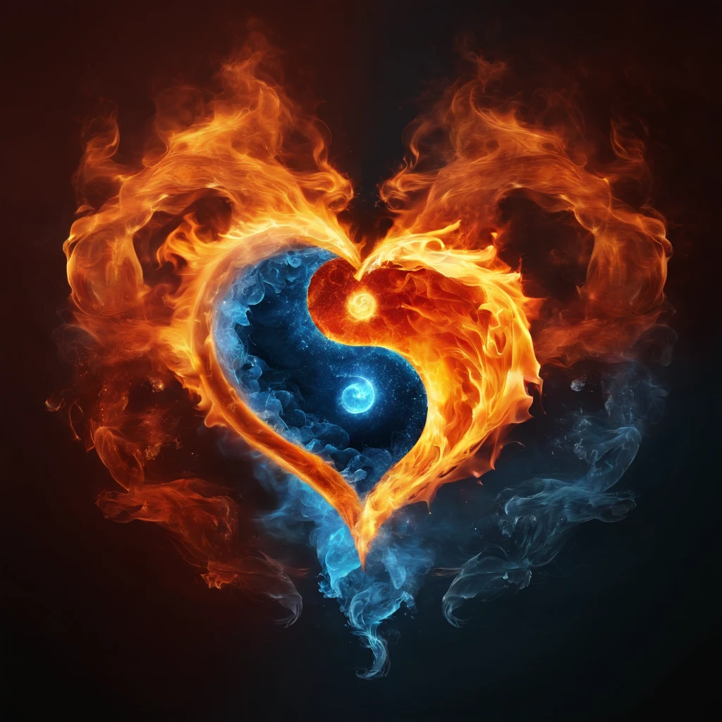 heart shaped yin and yang symbol made of fire and water