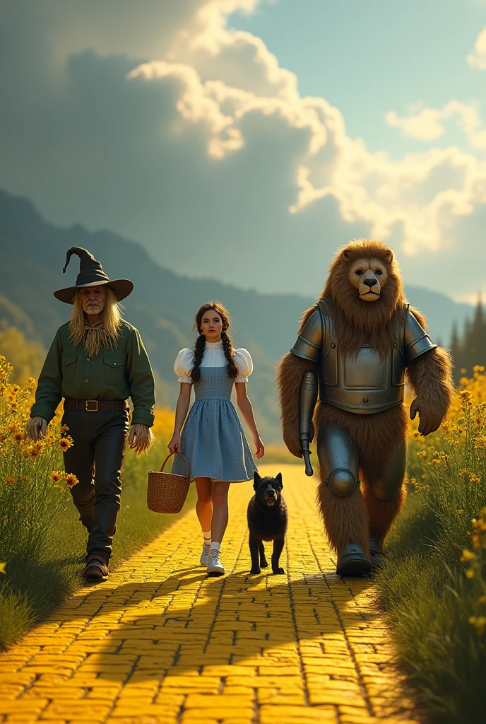 
((best quality)), ((masterpiece)), (detailed), yellow brick road, Dorothy Gale wearing silver llow heel shoes and carrying a basket over her arm, Toto (a black terrier), a Scarecrow, a man made of tin who carries an axe, a feral Lion, (front view), detailed and extreme, 8k, RAW photo, high resolution, high quality), detailed background, cinematic lighting, back lighting, photorealistic, hyperrealistic,