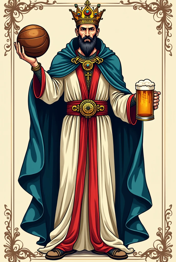 King of Cups Tattoo for Men. White and red vertical striped dress with blue cape.
Holding a leather ball and a mug of beer