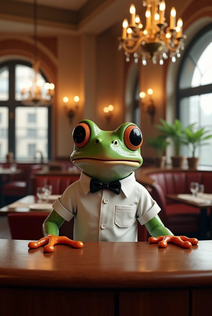 Retro Images,Storytelling,Tree frog,Ultra-realistic,high resolution,The frog works at an Italian restaurant.,High-end store