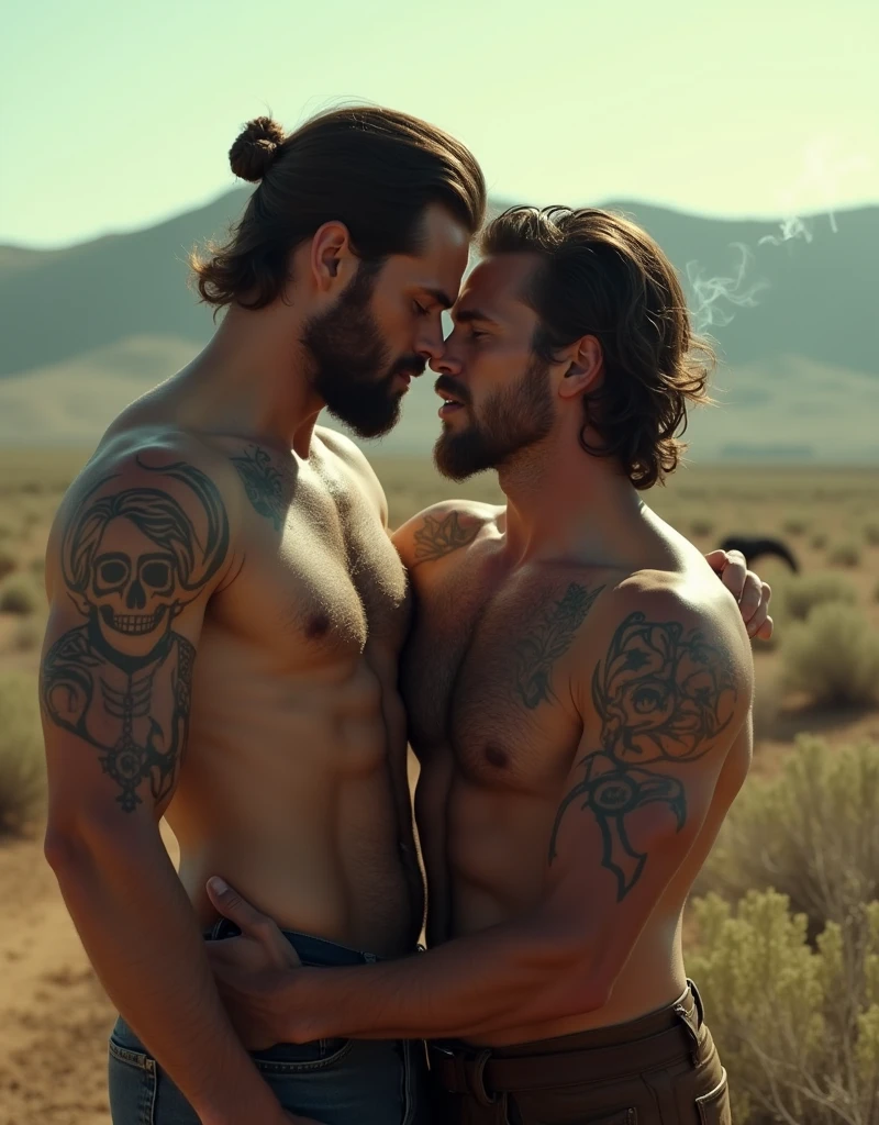 Breakback Mountain, the western United States, the complex relationship between love and sex between two men, Heath Ledger, Jack Glenho, working on the farm, handsome, cowboysexy triangle thongs, more details, background scattering 1.8 HD 8k real photos! Sex. Chest muscles! Chest hair! tattoo. white hair Smoke, movie feeling! Movie lights! Award-winning poster Ambiguous and teasing Western cowboy dress up。Close-up multi-angle shooting。The close-up of the protagonist!!!kissing Lying on the grass, taking a picture of God's perspective