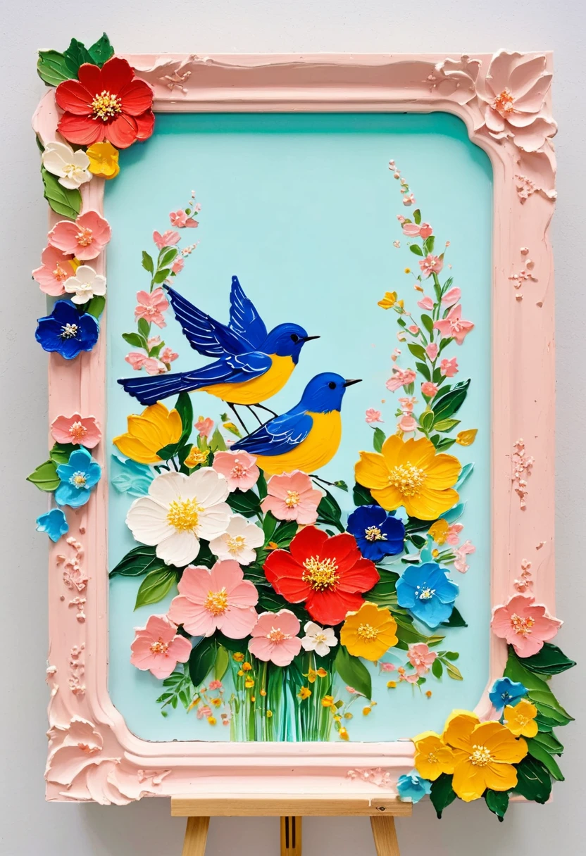 (A painting in a white plaster frame on an easel，Retro)：(((Soft tones，Chalk painting，Oil stick painting，flight，Thick coating，Uneven texture，Plaster texture，Graffiti)))。Korean style framed decorative painting，3D Decorating，French style lush flowers，Overflow Frame