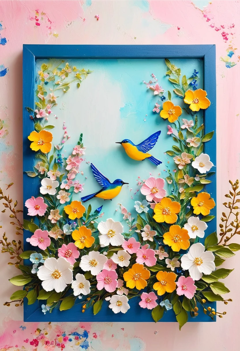 (A painting in a white plaster frame on an easel，Retro)：(((Soft tones，Chalk painting，Oil stick painting，flight，Thick coating，Uneven texture，Plaster texture，Graffiti)))。Korean style framed decorative painting，3D Decorating，French style lush flowers，Overflow Frame