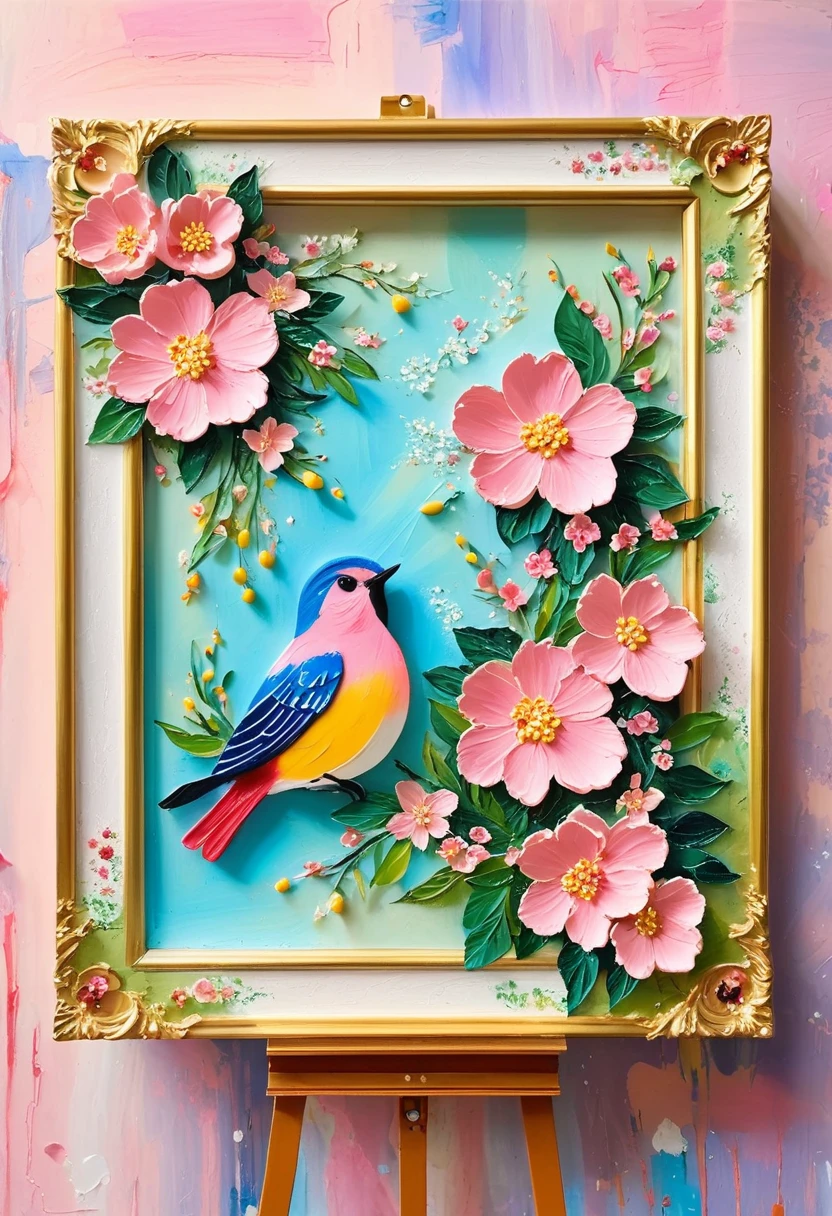 (A painting in a white plaster frame on an easel，Retro)：(((Soft tones，Chalk painting，Oil stick painting，flight，Thick coating，Uneven texture，Plaster texture，Graffiti)))。Korean style framed decorative painting，3D Decorating，French style lush flowers，Overflow Frame