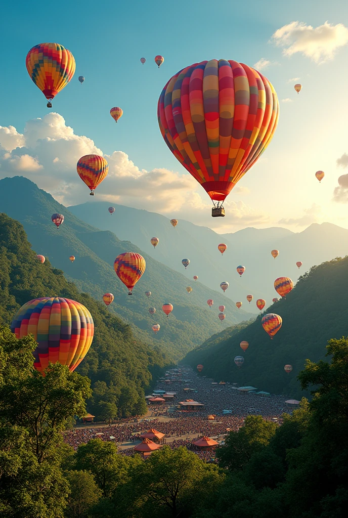 a hot air balloon festival in malaysia, hot air balloons floating over a tropical landscape, lush green forests and mountains, a vibrant and colorful festival atmosphere, intricate balloon shapes and patterns, people enjoying the festival, warm golden hour lighting, vivid blue skies, (best quality,4k,8k,highres,masterpiece:1.2),ultra-detailed,(realistic,photorealistic,photo-realistic:1.37),landscape,cinematic,stunning scenery,vibrant colors