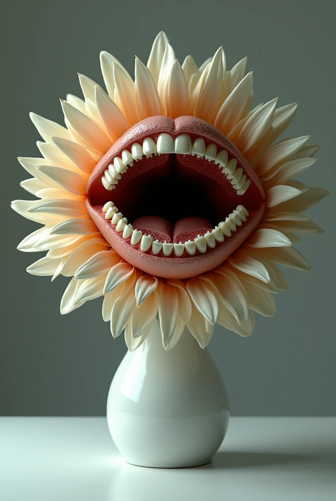 A flower that instead of having petals has human teeth in a white vase