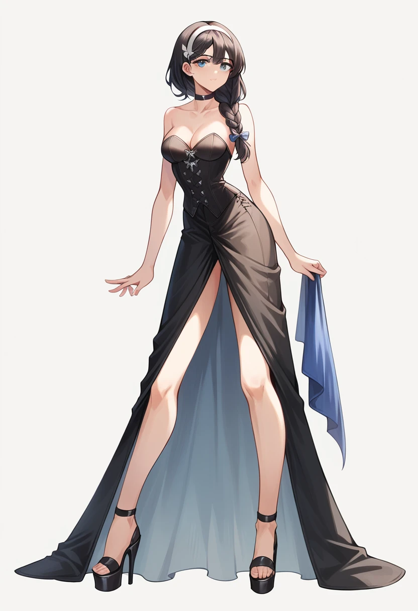 ((ultra detailed, masterpiece, best quality)) FF8Rinoa, 1girl, solo, single braid, blue eyes, black hair, white hairband, black choker, medium Breasts hanging, black corset strapless sexy, white sexy miniskirt, sexy long legs, black platform high heels wedges,  full body shot 