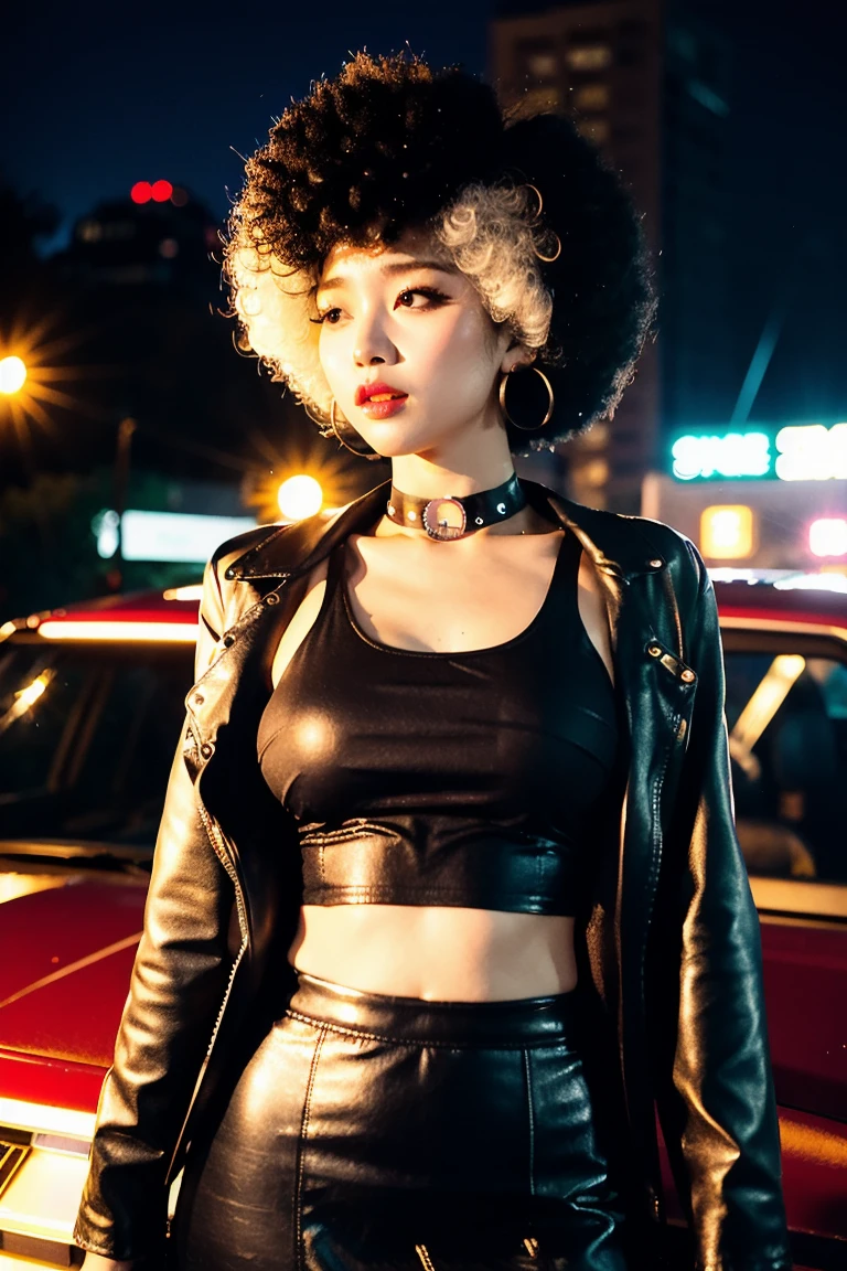 (Cinematic Aesthetic:1.4) Photo of a beautiful korean fashion model bokeh city night with round disco afro wig, bra, super mini skirt,big bust, Clevage, opened black leather jacket, make up, exposed stomach, sexy look, choker, round perfect ballish afro