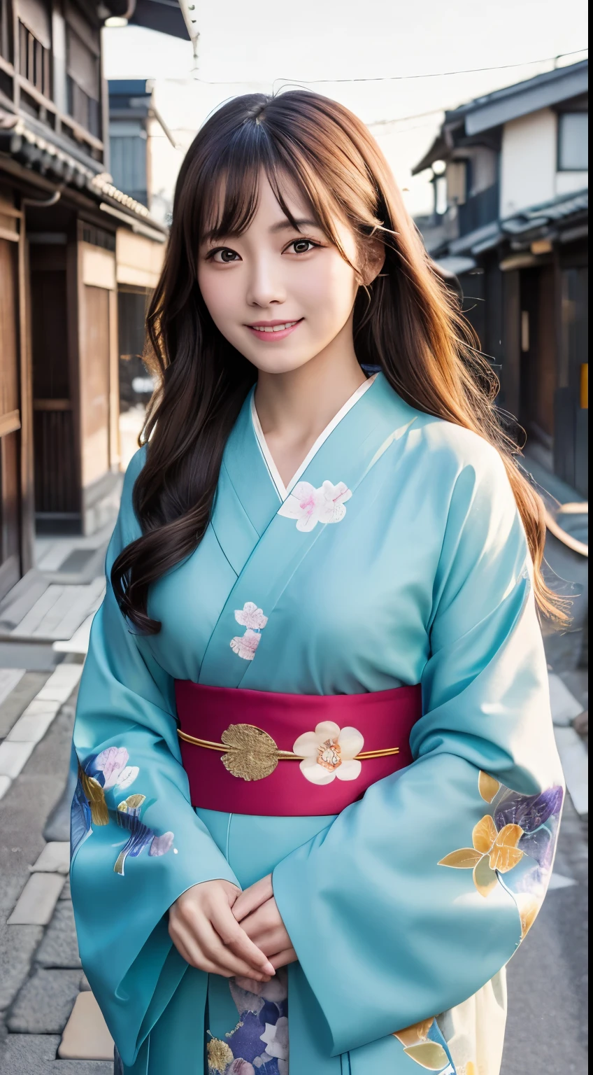 Professional Lighting,(Photorealistic:1.4), (Top image quality:1.0), (超High resolution:1.0), 8k, Raw photography, (masterpiece:0.2), (Facing the children_v1:0.5)、(最高quality Detail:1.2)、Realistic、8k UHD、High resolution、(1 person:1.2)、超detailedな、High quality textures、複雑なdetailed、detailed、Very detailed CG、High quality shadows、detailed 美しく繊細な顔、Beautiful details and a delicate eye、(Symmetrical eyes:1.2),Written boundary depth、Ray Tracing,1 person, Japanese, (Natural smile:1.4),cute, thin, Portrait of a beautiful Japanese woman in a kimono, Standing elegantly on a street corner in Kyoto. Kimono with vibrant traditional patterns, Hair decorated with elegant and delicate hairpins, Gentle expression. (With the old streets of Kyoto in the background:1.4)、The soft light of a spring afternoon、Adding tranquility to the scene. Rendered in a Realistic style with great attention to detail, High resolutionの画像.Sky Porn, Magic Hour, (Realistic:1.3), finely, quality, (Tabletop:1.2), (Realistic:1.2), (最高quality), (複雑なdetailed), dramatic, Ray Tracing, photograph, +roller