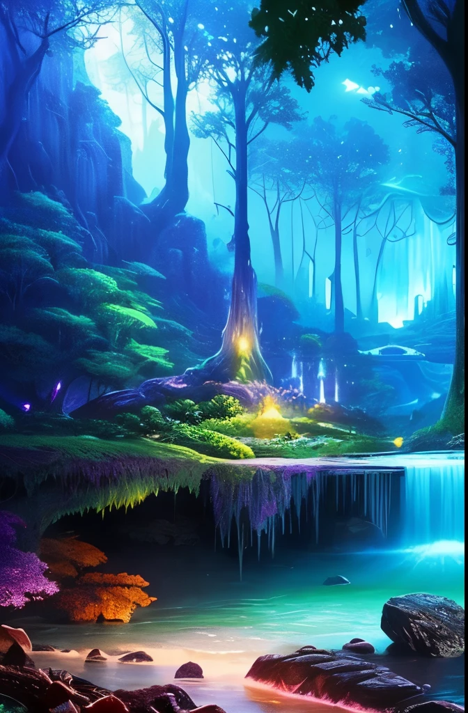 a tree in the middle of a river with a waterfall, a matte painting by Paul Lehr, cgsociety contest winner, fantasy art, beautiful fantasy cave scene, magical cave, magical environment, glowing blue mushrooms in mire, eerie shimmering surroundings, mystical forest lagoon, underwater crystal caverns, enchanting and otherworldly, watery caverns, dark fantasy environment