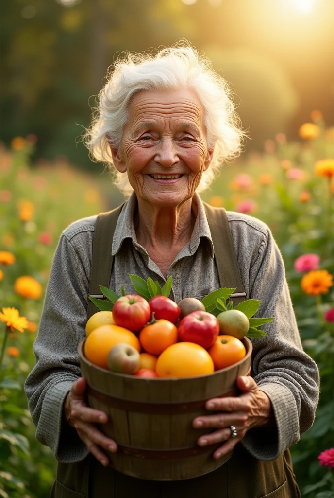 (image of an elderly woman with silver hair and gentle wrinkles, smiling warmly with a teary eye as she holds a bucket filled with a variety of fresh fruits. She is standing in a sunny, outdoor garden with greenery and flowers in the background." Have a complete fingers ang whole body