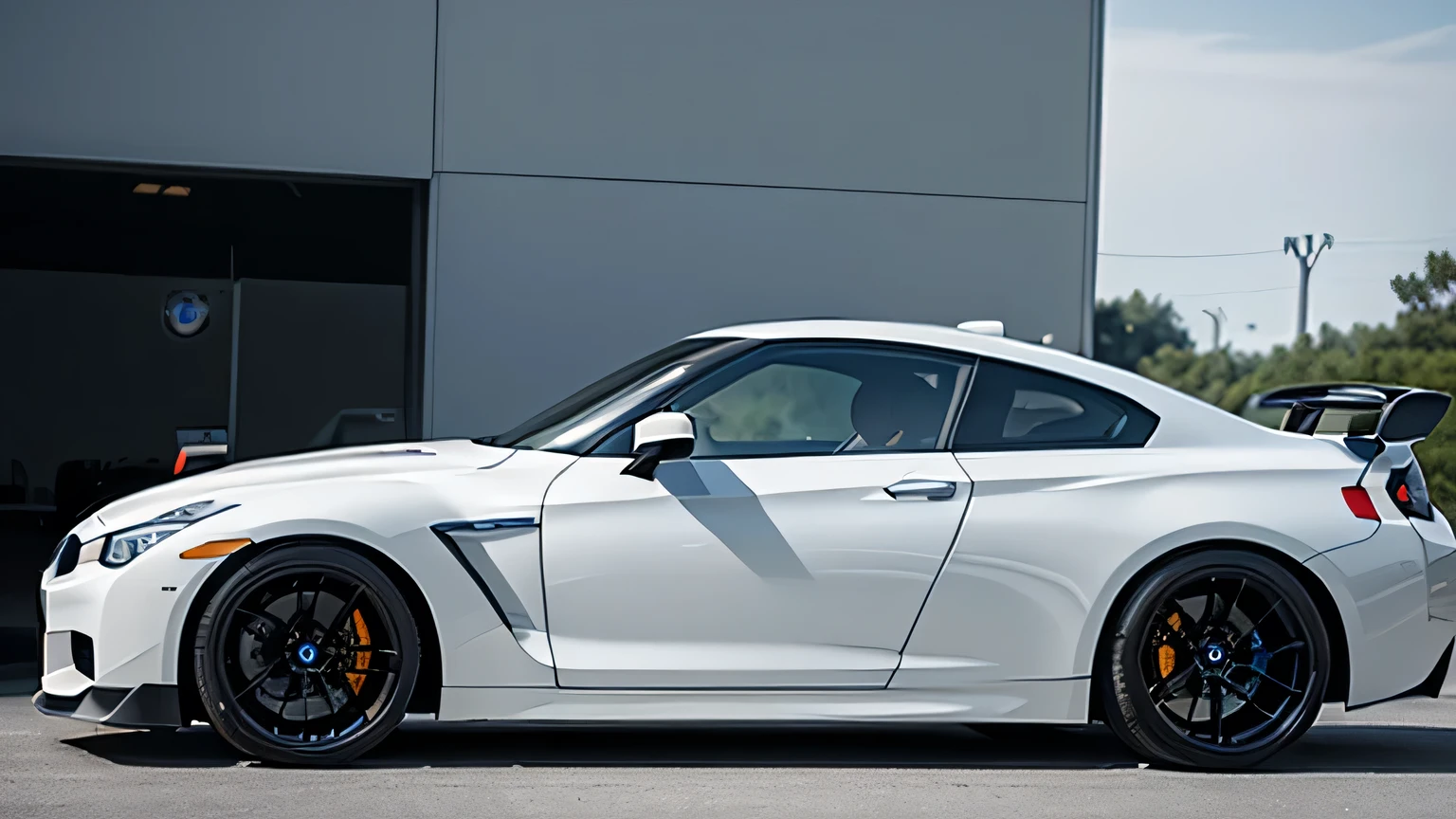 Masterpiece, top quality, high quality, high detailed, Super car, coupe car, (by bmw, by Nissan gtr), white color, black wheels color, black spoiler, stock, (parking on white showroom background, daytime, no one, smooth, side view, low fov)