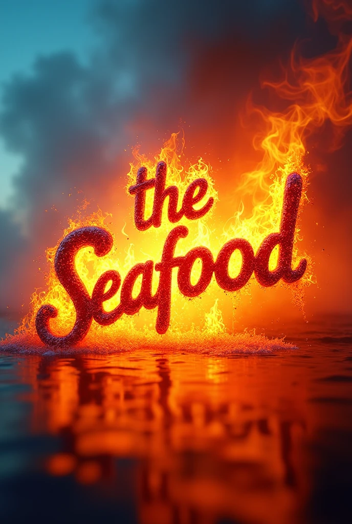 Write the phrase on a picture: "THE SEAFOOD".
with the orange color. light blue in the center S. all inspired by fire