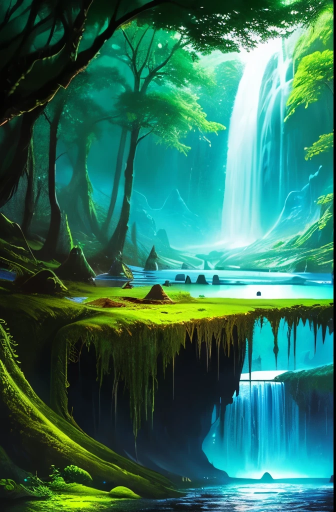 a tree in the middle of a river with a waterfall, a matte painting by Paul Lehr, cgsociety contest winner, fantasy art, beautiful fantasy cave scene, magical cave, magical environment, glowing blue mushrooms in mire, eerie shimmering surroundings, mystical forest lagoon, underwater crystal caverns, enchanting and otherworldly, watery caverns, dark fantasy environment