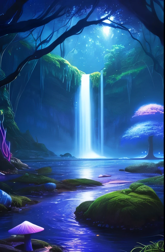 a tree in the middle of a river with a waterfall, a matte painting by Paul Lehr, cgsociety contest winner, fantasy art, beautiful fantasy cave scene, magical cave, magical environment, glowing blue mushrooms in mire, eerie shimmering surroundings, mystical forest lagoon, underwater crystal caverns, enchanting and otherworldly, watery caverns, dark fantasy environment