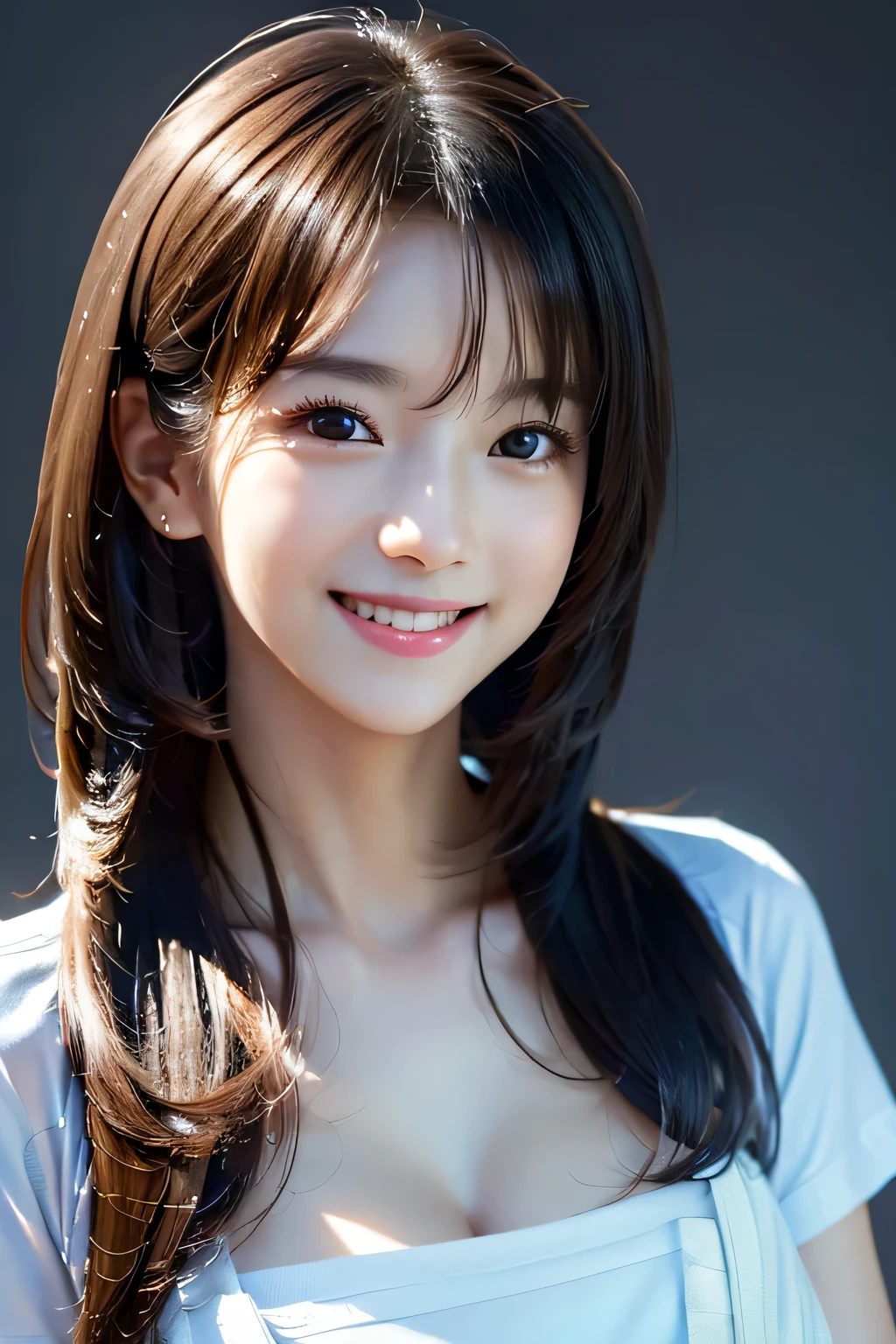 ((Highest quality)), ((masterpiece)), (detailed), Perfect Face, Japanese, woman, white, Face and body facing forward, Very smiling, Cheerful pose, One Girl, very cute, (Photorealistic, High resolution:1.4), Staring at the audience, (In 8K, RAW Photos, Highest quality, masterpiece:1.2), (Realistic, Photorealistic) :1.37), (Sharp focus:1.2), Professional Writing, Photon Mapping, Radio City, Physically Based Rendering, (whiteい肌の:1.2), Viewer Perspective, (Mid-length hair:1.5), Portrait, (Simple Background:1.4), solo, Realistic, (masterpiece:1.4), (Highest quality:1.4), (Glowing Skin), Very smiling, skinny, blouse, Small Bust, Wearing clothes, Human Photography