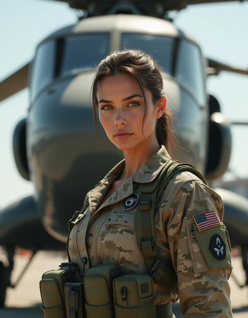 (Photorealism:1.2), Sexy woman, Female soldier standing in front of military transport helicopter