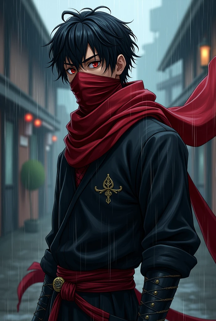 An anime character;
A man with brown skin, Bblack hair, Eyes red, short beard.
Use a ninja look with assassin, black color with a long red scarf hiding her mouth and nose.
a dagger in his hand rainy weather.