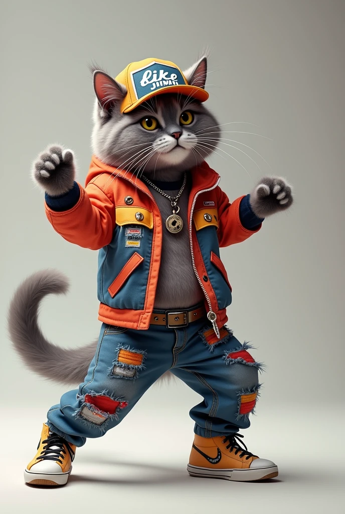A cool and cute male cat is dressed as a kpop dancer and standing on the floor dancing。 The hat says "like JIMIN"。
Hair color is gray
