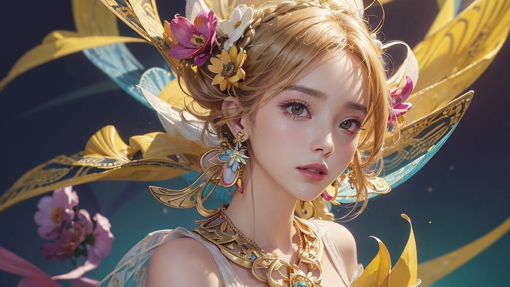 32K, 最高quality, 最高masterpiece, (ultra-Detailed Background, Detailed Background), High resolution, Super detailed, Very detailedな, 1 personの, (bouquet:1.3), (Tangled:1.2), (Geometric:1.2),(colorful),(masterpiece, quality, best quality, Official Art, Beautiful and beautiful:1.2), (1 person:1.3), Very detailed,(colorful:1.1)(Flowers:1.3),Most detailed,(Tangled:1.2), whole body, (Abstract background:1.3), (Skin glows), (Many colors:1.4), ,(Earrings Jewelry:1.5), Pale yellow background, It's imaginative., Milk tea colored hair, Updo,