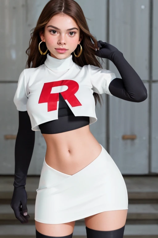 The face of Olivia Rodrigo, 1girl, solo, team rocket,team rocket uniform,white skirt,red letter R,crop top,black thigh-highs,black elbow gloves, earrings, large breasts,