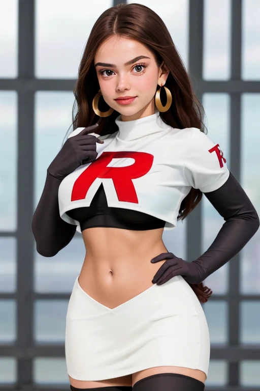 The face of Olivia Rodrigo, 1girl, solo, team rocket,team rocket uniform,white skirt,red letter R,crop top,black thigh-highs,black elbow gloves, earrings, large breasts,