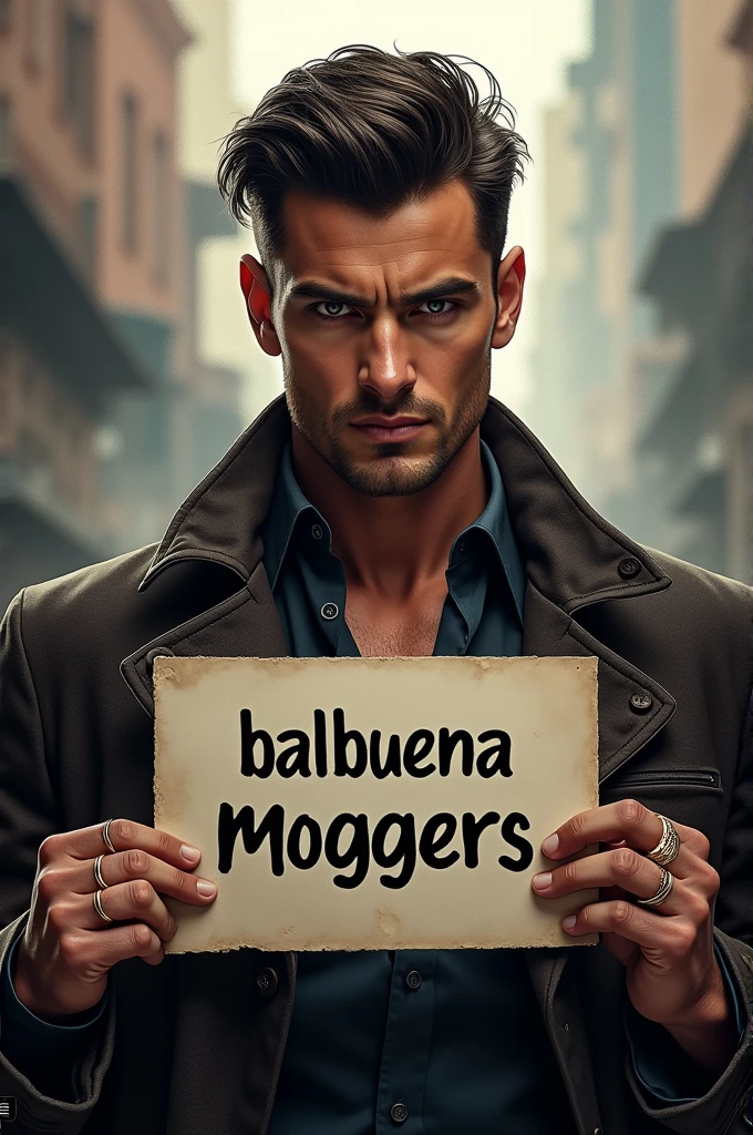 A handsome man with a sign that says Balbuena moggers 