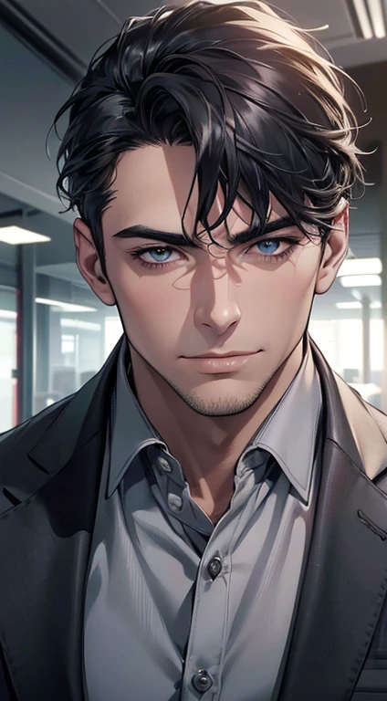 (best quality,4k,8k,highres,masterpiece:1.2),ultra-detailed,(realistic,photorealistic,photo-realistic:1.37),1 man,3,mature man,very handsome,without expression,smile,short grey black hair,blue eyes,penetrating gaze,perfect face without errors,imposing posture,businessman,office background,cinematic lighting,hdr image