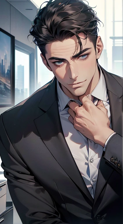 (best quality,4k,8k,highres,masterpiece:1.2),ultra-detailed,(realistic,photorealistic,photo-realistic:1.37),1 man,3,mature man,very handsome,without expression,smile,short grey black hair,blue eyes,penetrating gaze,perfect face without errors,imposing posture,businessman,office background,cinematic lighting,hdr image
