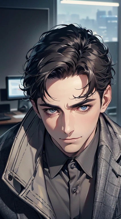(best quality,4k,8k,highres,masterpiece:1.2),ultra-detailed,(realistic,photorealistic,photo-realistic:1.37),1 man,3,mature man,very handsome,without expression,smile,short grey black hair,blue eyes,penetrating gaze,perfect face without errors,imposing posture,businessman,office background,cinematic lighting,hdr image