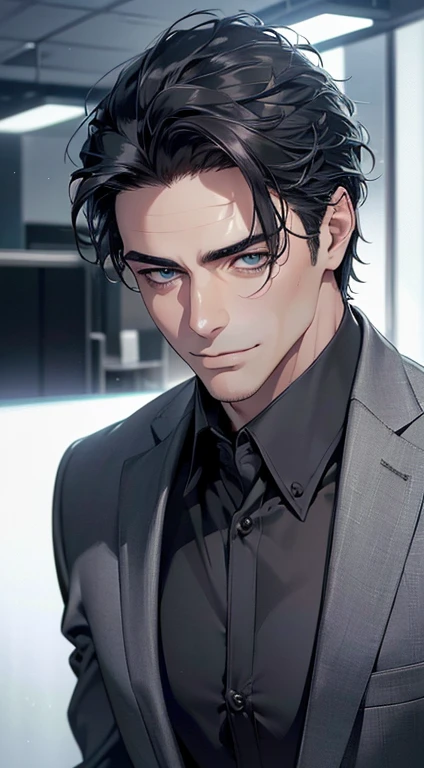 (best quality,4k,8k,highres,masterpiece:1.2),ultra-detailed,(realistic,photorealistic,photo-realistic:1.37),1 man,3,mature man,very handsome,without expression,smile,short grey black hair,blue eyes,penetrating gaze,perfect face without errors,imposing posture,businessman,office background,cinematic lighting,hdr image