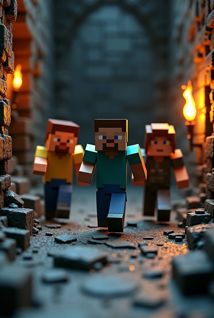 I created a Minecraft miniature of me running with 3 friends in a dungeon
