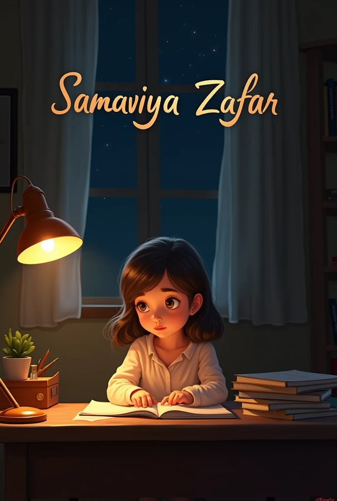 A girls his name is 'samaviya zafar'. Study at night with lamp, and write her name in text "samaviya zafar" write in text form his name in front.