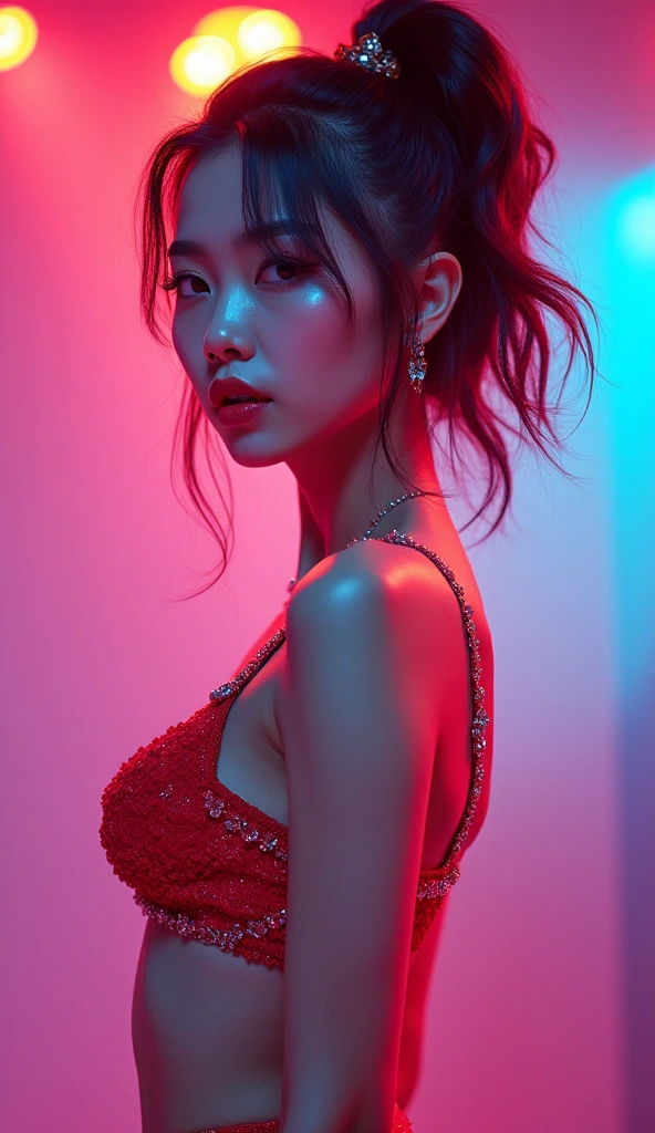 A very sexy K-pop girl with pop colors, whose job is to sing