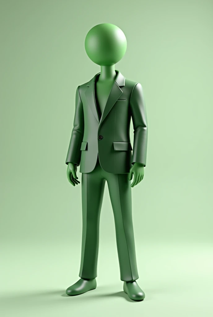 Create a realistic 3D bald green stick figure with stylish clothes 
 