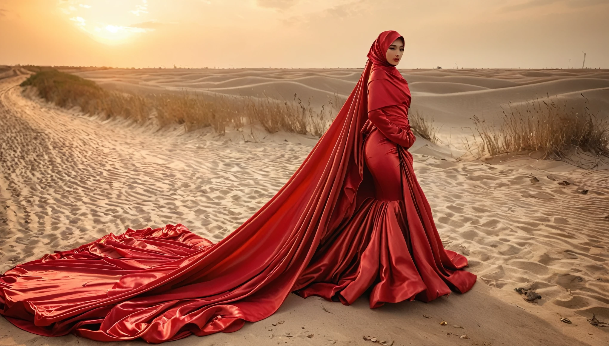 A woman shrouded in a 10-meter-long, plush red satin cloth, tightly bound and grandly draping along the form of her body, flowing off into a pooled floor-length train, styled in a mermaid-inspired outfit, her head modestly veiled in a satin hijab, tall woman, outdoor, a full-body pose conveying a sense of mysterious elegance, captured in a 4k resolution, ultra-realistic