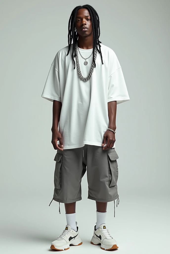 Jungkook of BTS kpop boy band having black dreadlocks, wearing medium large ice diamond chain, baggy shorts, long white socks, balenciaga shoes and tshirt