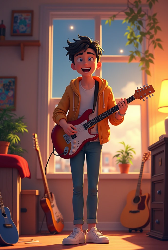 A teen guy who loves to make a song short cover in animated visual without a guitar
or any instrument