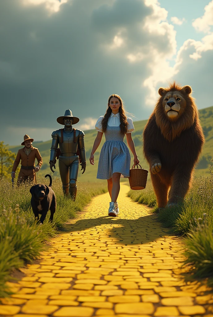 ((best quality)), ((masterpiece)), (detailed), yellow brick road, Dorothy Gale wearing silver llow heel shoes and carrying a basket over her arm, Toto (a black terrier), a Scarecrow, a man made of tin who carries an axe, a feral Lion, (front view), detailed and extreme, 8k, RAW photo, high resolution, high quality), detailed background, cinematic lighting, back lighting, photorealistic, hyperrealistic,